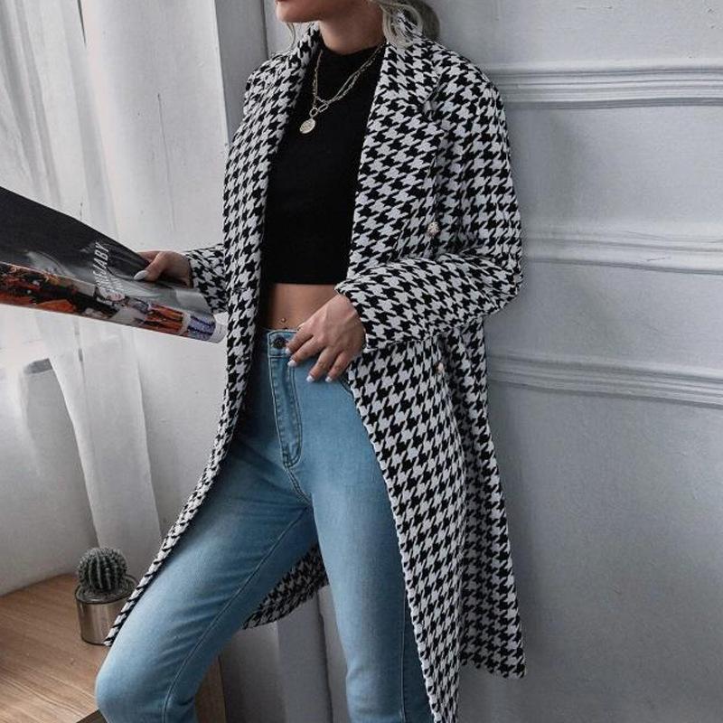 Women's Houndstooth Print Mid-Length Wool Coat - Autumn/Winter Collection