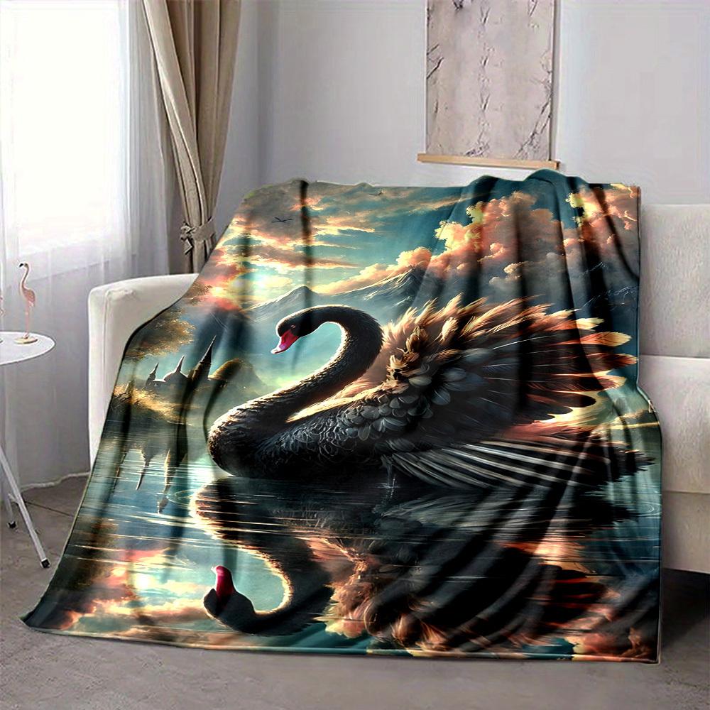 1pc Black Swan Art Print Blanket Lightweight Flannel Blanket Throw Blanket For Sofa, Bed, Travel, Camping, Livingroom, Office, Couch, Chair, And Bed y