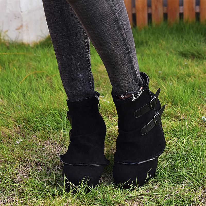 Hoge Hak Laarzen Vrouwen Enkel Wedges Dames Schoenen Nep Rits Gesp