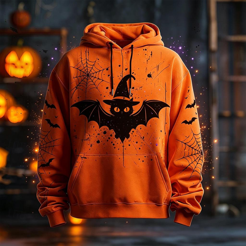 Pánská oranžová mikina s kapucí na Halloween s grafikou černého kočky, netopýra a pavučiny, se stahovací šňůrkou, kapsou, sváteční párty, svetr