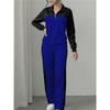 Women 2 Piece Tracksuit Color Block Half Zip Sweatshirt & Wide Leg Pants Set Casual Knit Loungewear Outfit