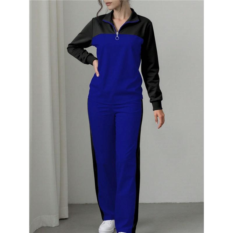 Women 2 Piece Tracksuit Color Block Half Zip Sweatshirt & Wide Leg Pants Set Casual Knit Loungewear Outfit