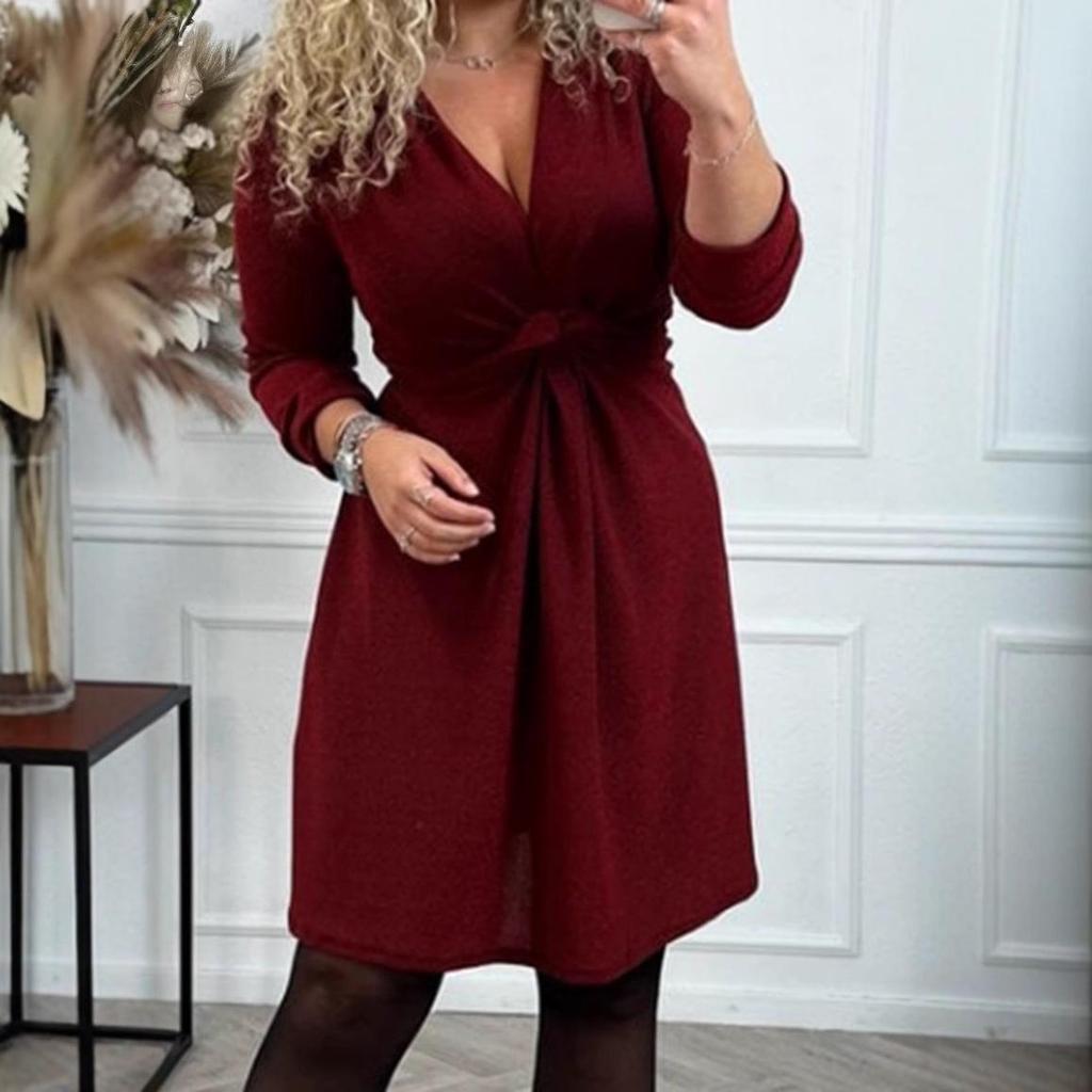 2024 Autumn/Winter European & American Style V-Neck Waist-Hugging Long-Sleeve Dress for Women