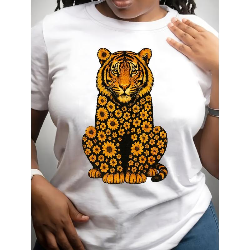

Women s T-Shirts] Casual Women s Short-Sleeved T-Shirts | Flower Tiger Print, Round-Neck Tops for Spring and Summer S белый