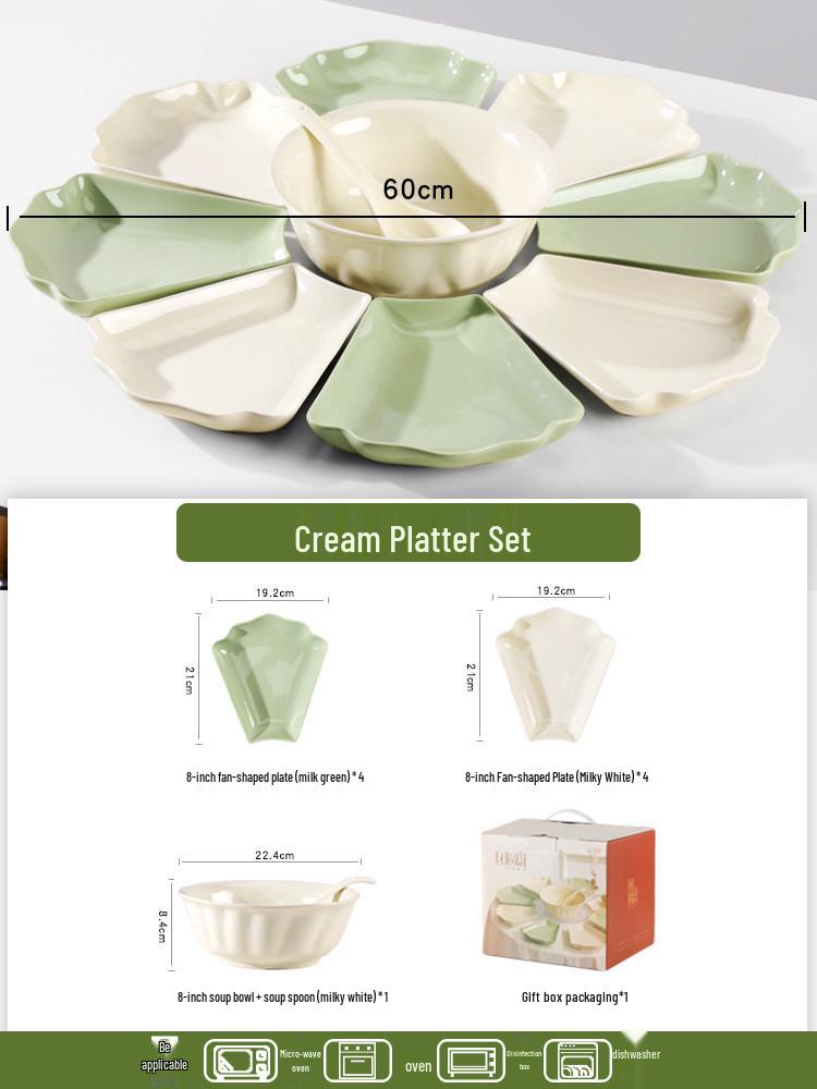 

Ceramic Cream Style Platter Set - Creative Fan-Shaped & Round Plates for Home, New Year Gift Box
