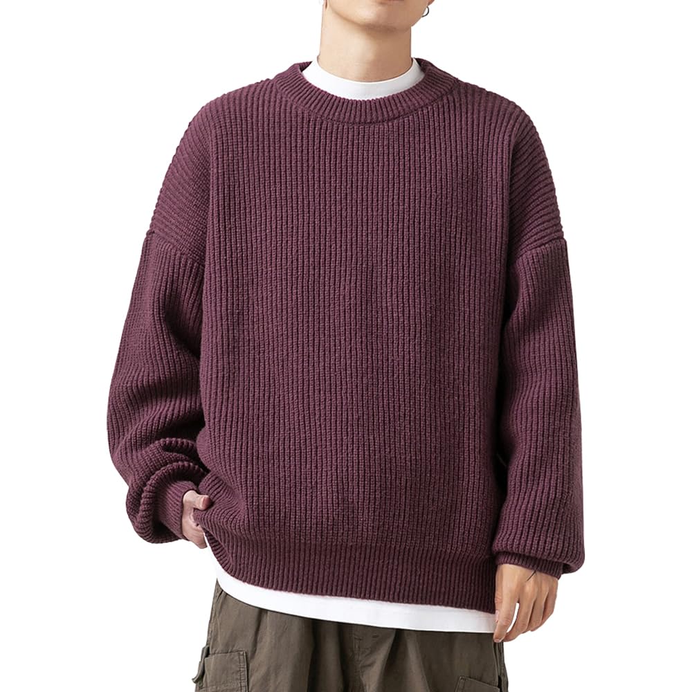 

Knit Crew Neck Warm and Simple Solid Knit Top with Long Stylish for Fall and Perfect for Commuting and School [Kairafu] Men s Sweater, Warm, Sleeves, фіолетовий