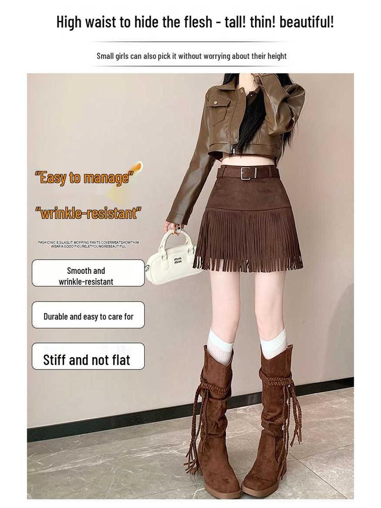 Autumn/Winter High-Waisted Suede Tassel Midi Skirt - Fashionable & Versatile