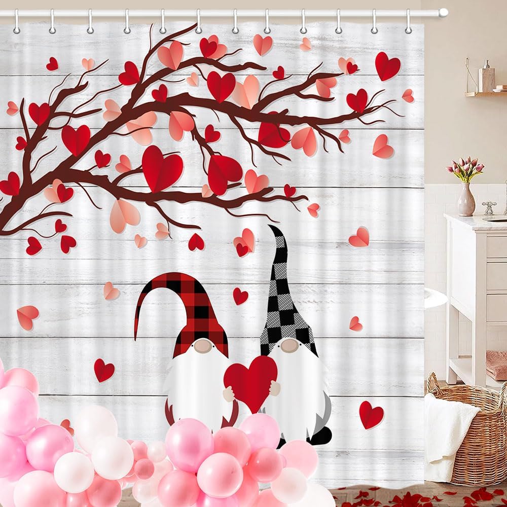Valentine’S Shower Curtain – Romantic Watercolor Red Hearts & Cute Gnomes Design, Bathroom Decor Perfect For Valentine’S Day