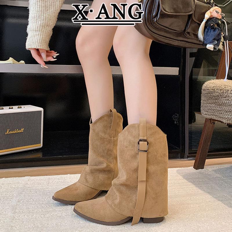 Cowhide version pointed thick heel thin trouser boots women's retro western cowboy boots women's Maillard brown knight boots
