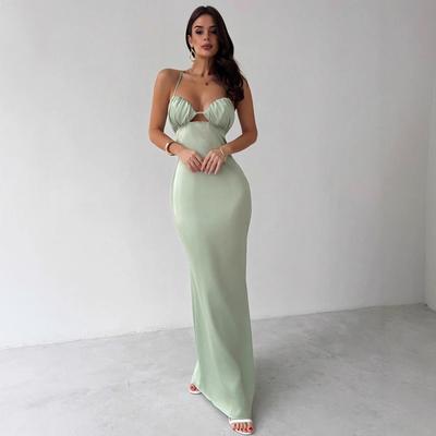 Women Summer Spaghetti Strap Bandage Backless Solid Color Evening Party Tight Package Hip Dress