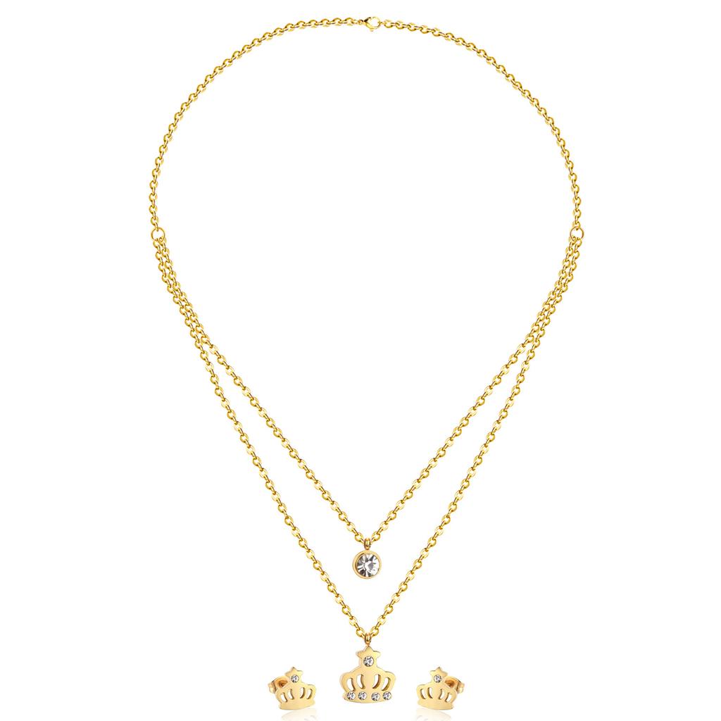 Double Chains Necklace And Earrings Zircon Sets Female Wedding Party Cubic Zirconia 316L Stainless Steel Pendant Zircon Gifts