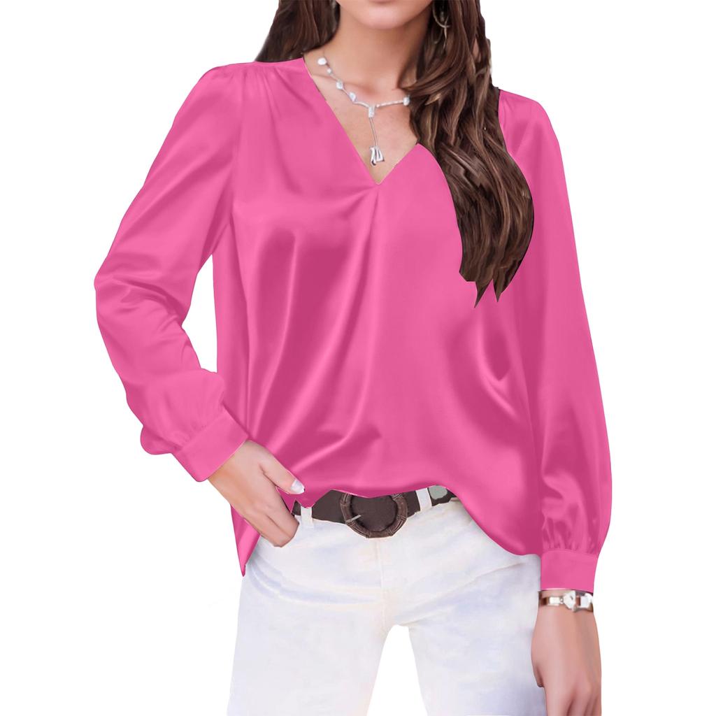 Women's V,Neck Casual Loose Satin Ruched Long Sleeve Work Blouse