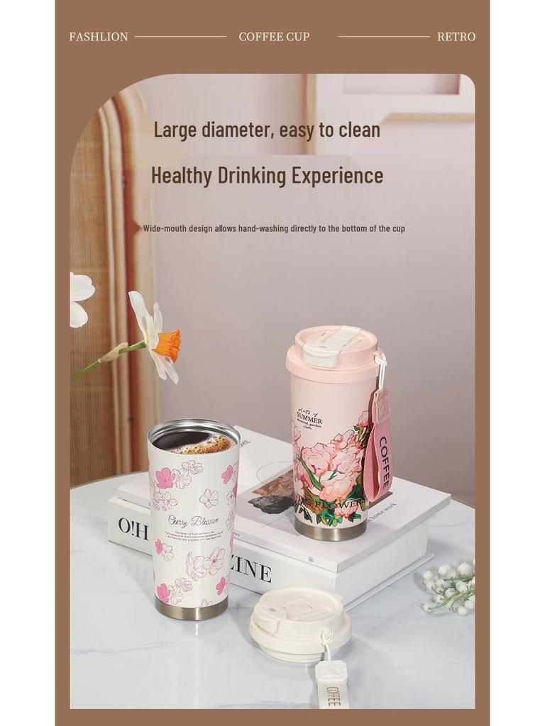 Konvalinka Nerezový Izolovaný Cestovní Hrnek - Dámský Dvojitý Nápojový Hrnek na Kávu a Vodu, Vysoce Hodnotný Tištěný Design