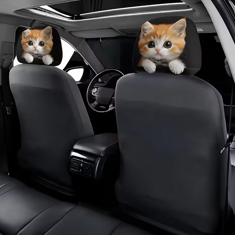2-Piece Cute Orange Cat Print Car Headrest Covers, Car Interior Accessories, Soft And Comfortable, Easy To Install And Remove