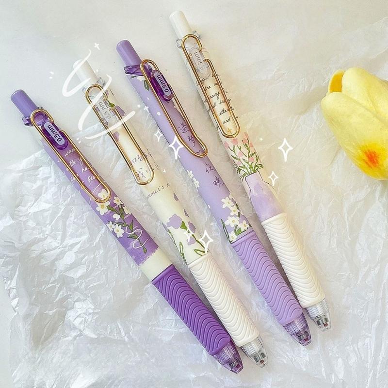 4PCS Flower Print Gel Inks Pen Retractable Gel Pen with Metal Clip Ergonomic Grip 0.5MM Tip Black Inks for Office School