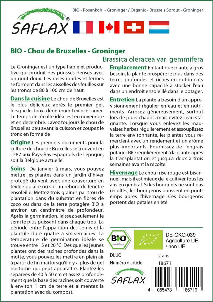 SAFLAX Garden In the Bag - Organic - Brussels Sprout - Groninger - 30 Seeds - With Substrate In a Fitting Stand Up Bag - Brassica Oleracea