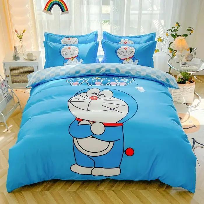 Doraemon Mechanical Cat Cartoon Style Pure Cotton Material Bed Three-piece Set Student Dormitory Dirty-Resistant Bedding