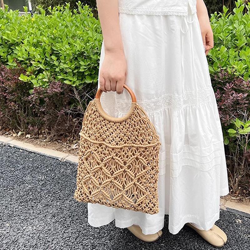 New Wooden Handle Rattan Handle Solid Color Hollow Handmade Cotton Rope Woven Bag Seaside Vacation Handbag Straw Bag