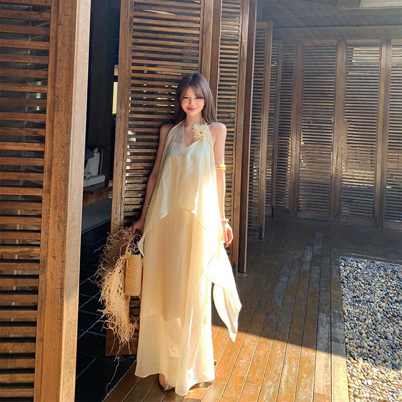 Sanya seaside vacation beach skirt island travel photo wear neck dress split fork dress summer S абрикосовый