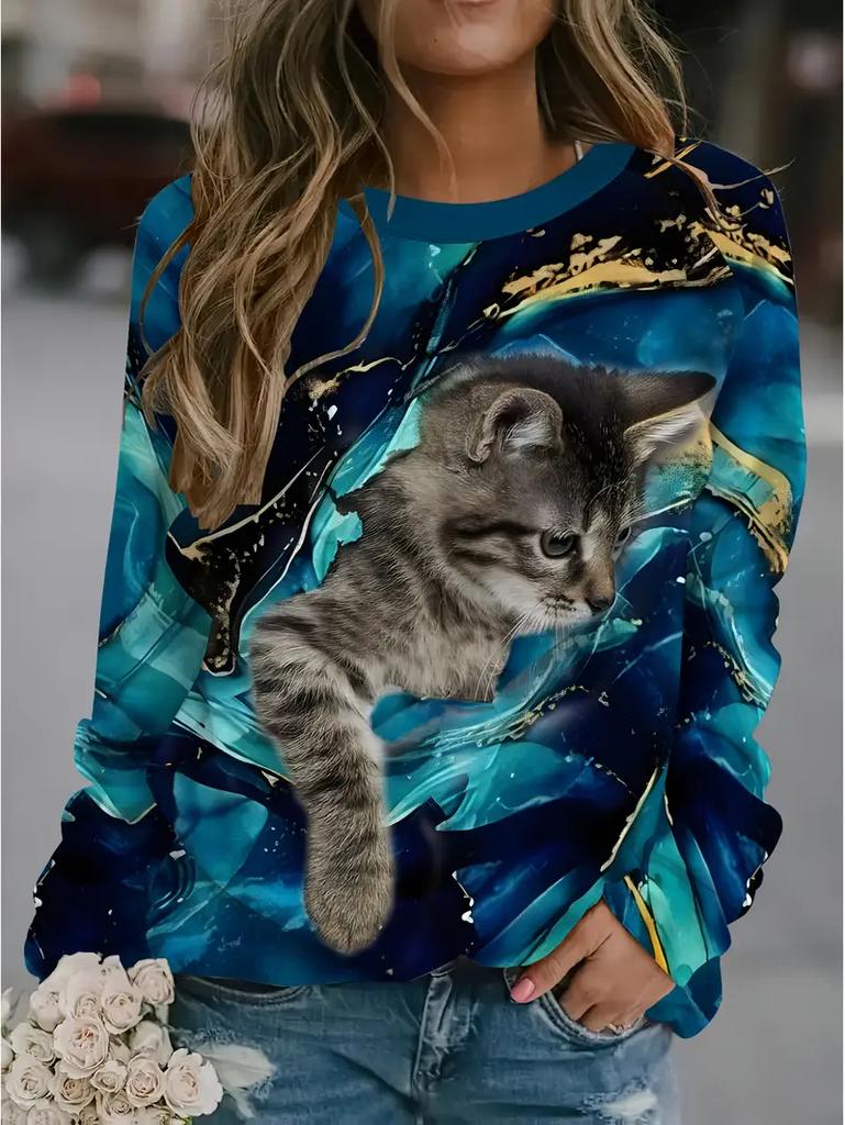 Vintage Fall Women Sweat Shirts 3D Funny Cat Print Unisex Women Top Casual Tee Y2k Long Sleeve Streetwear Unisex Pullover