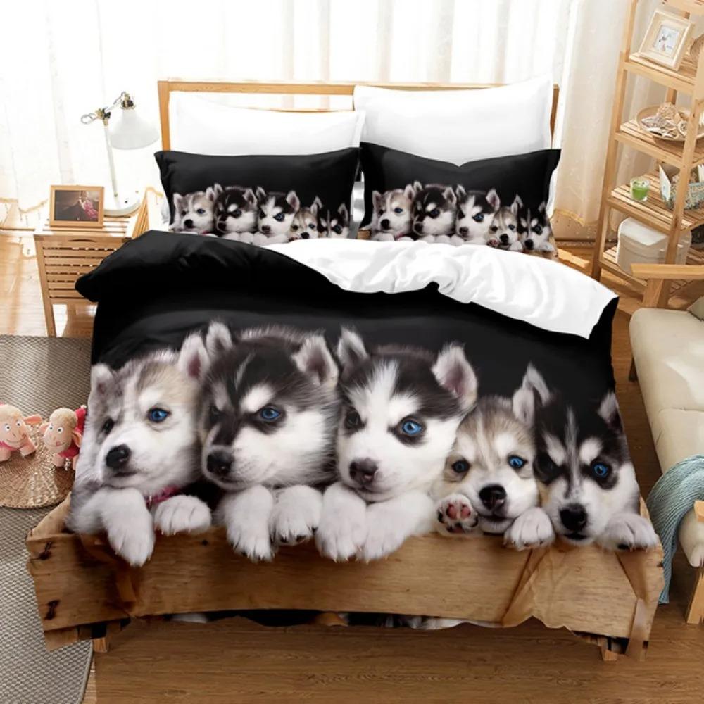 Niedliches Bettwäscheset mit weißen Hunden, schönes Welpen-Husky-Bettdeckenset, King-Queen-Size-Bettbezug-Set mit Kissenbezug, Bettwäsche für Mädchen