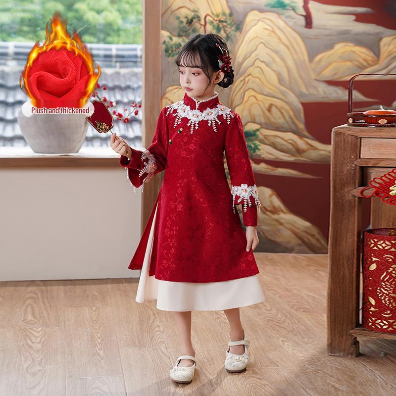 Girls' New Year Long-Sleeve Qipao: Children's Chinese-Style Autumn/Winter Dress 2026