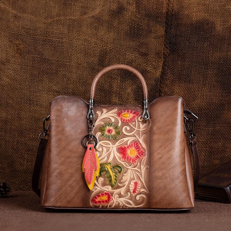Johnature Borsa versatile in vera pelle da donna, vintage, fatta a mano, in pelle di mucca naturale goffrata, borse a tracolla
