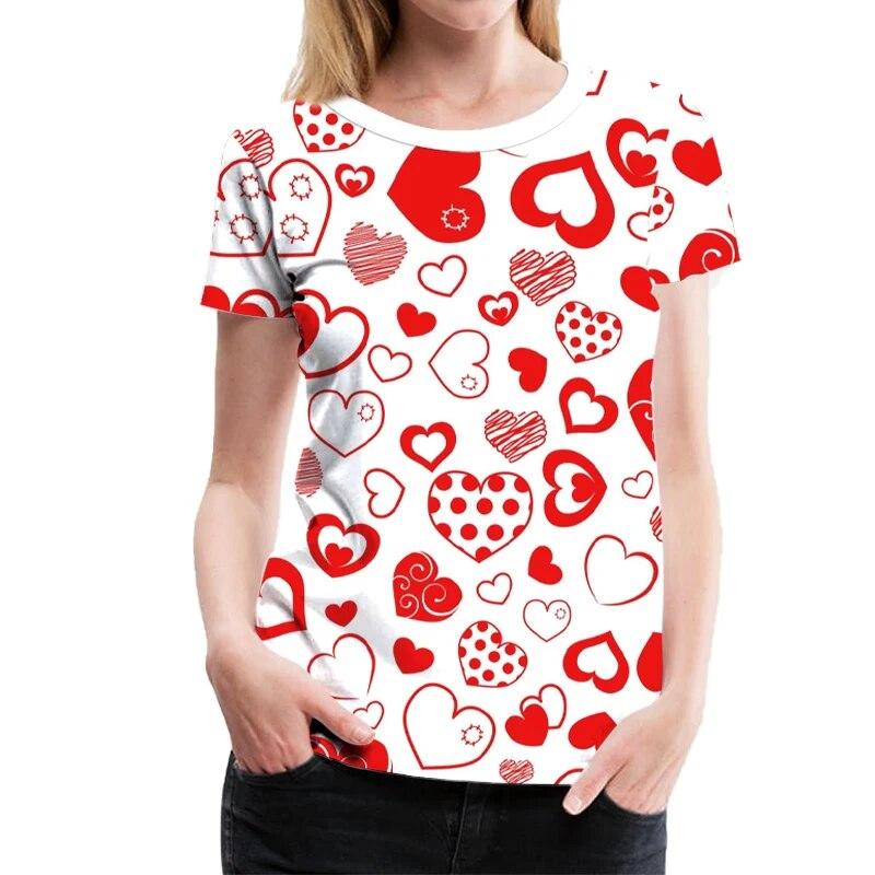 Summer Red Heart 3D Print T-shirts Women Streetwear Casual Fashion Harajuku Short Sleeve T Shirt O-neck Tops Clothing