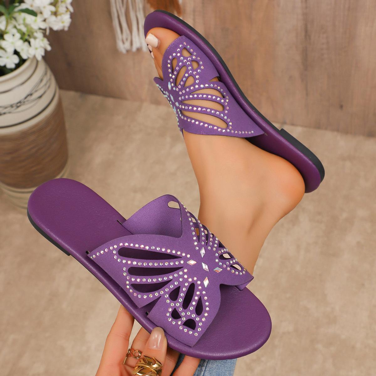 

Fashion Summer 2025 new fashionable European and American flat-bottomed hollowed-out butterfly rhinestone flip-flops for women 36 фиолетовый