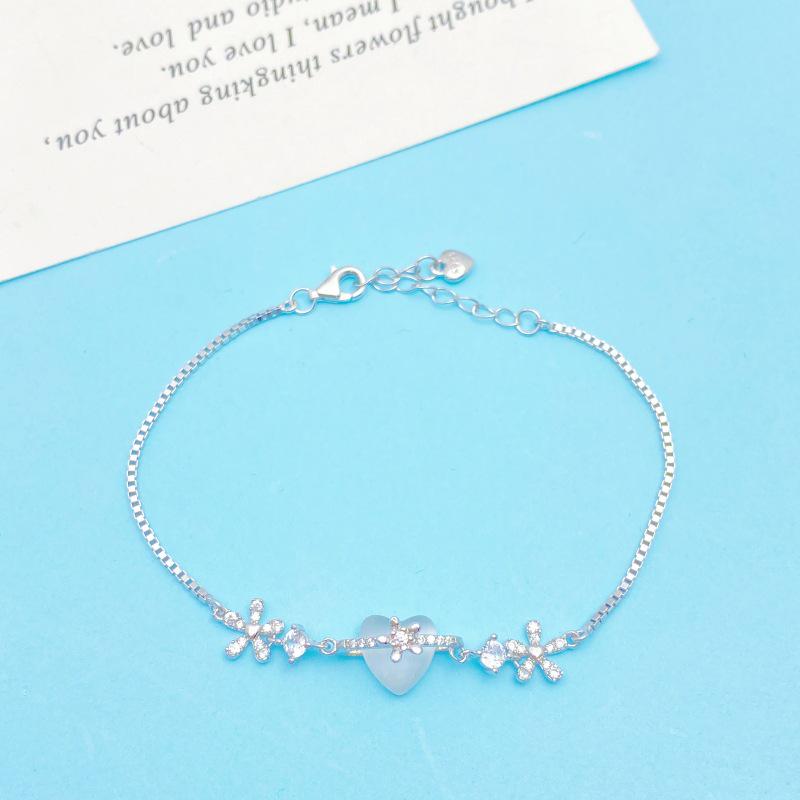 S925 Sterling Silver Chalcedony Heart & Flower Bracelet for Women – Elegant, Fashionable, Versatile Design S925 Silver