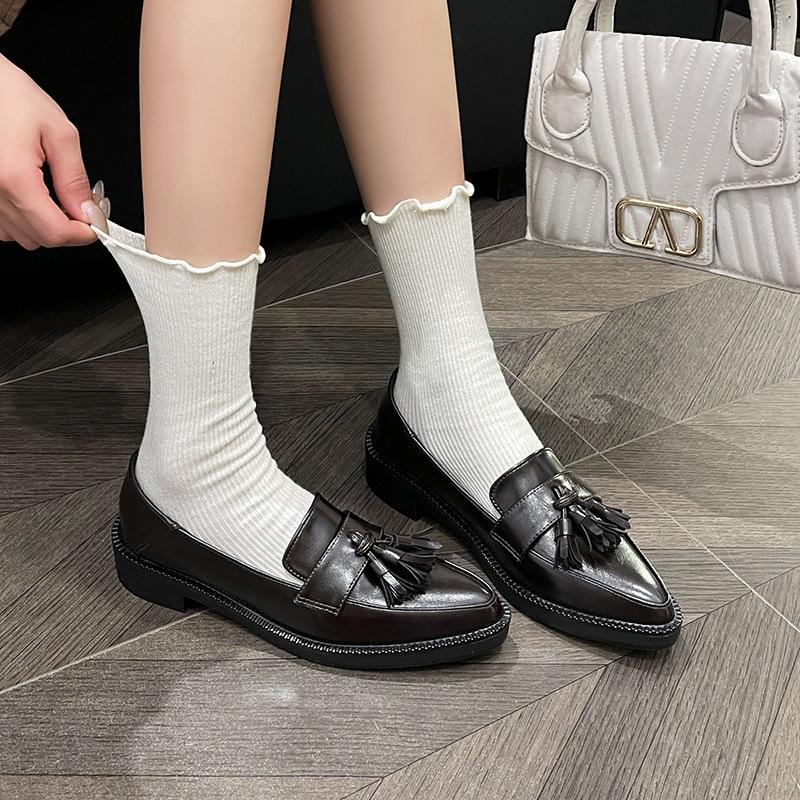 Pointed Toe Tassel Oxfords Woman Solid Small Leather Shoes Ladies Thicken Soled Flats Mocasines Mujer Loafers Barefoot Sneakers
