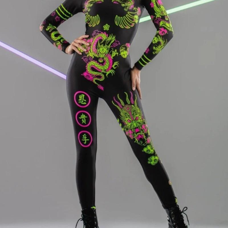 Adults Dancing Stage Party Performance Green Dragon Printing Outfit Women Halloween Cosplay Dress Up Costume Jumpsuit