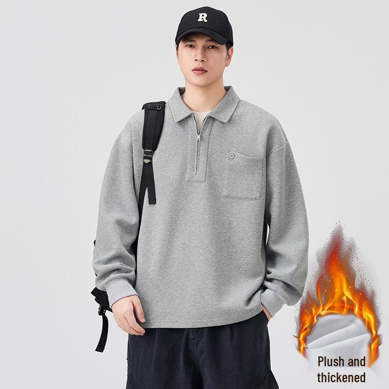 Men s 2025 Winter Velvet-Lined Half-Zip Hoodie - Warm Loose Lapel Pullover XL
