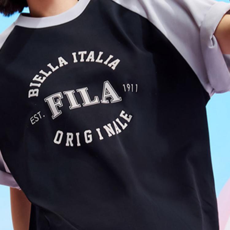 FILA Color Block Letter Print Casual Raglan Knit Short Sleeve T-Shirt Unisex Tops Black F51U429102F-BK