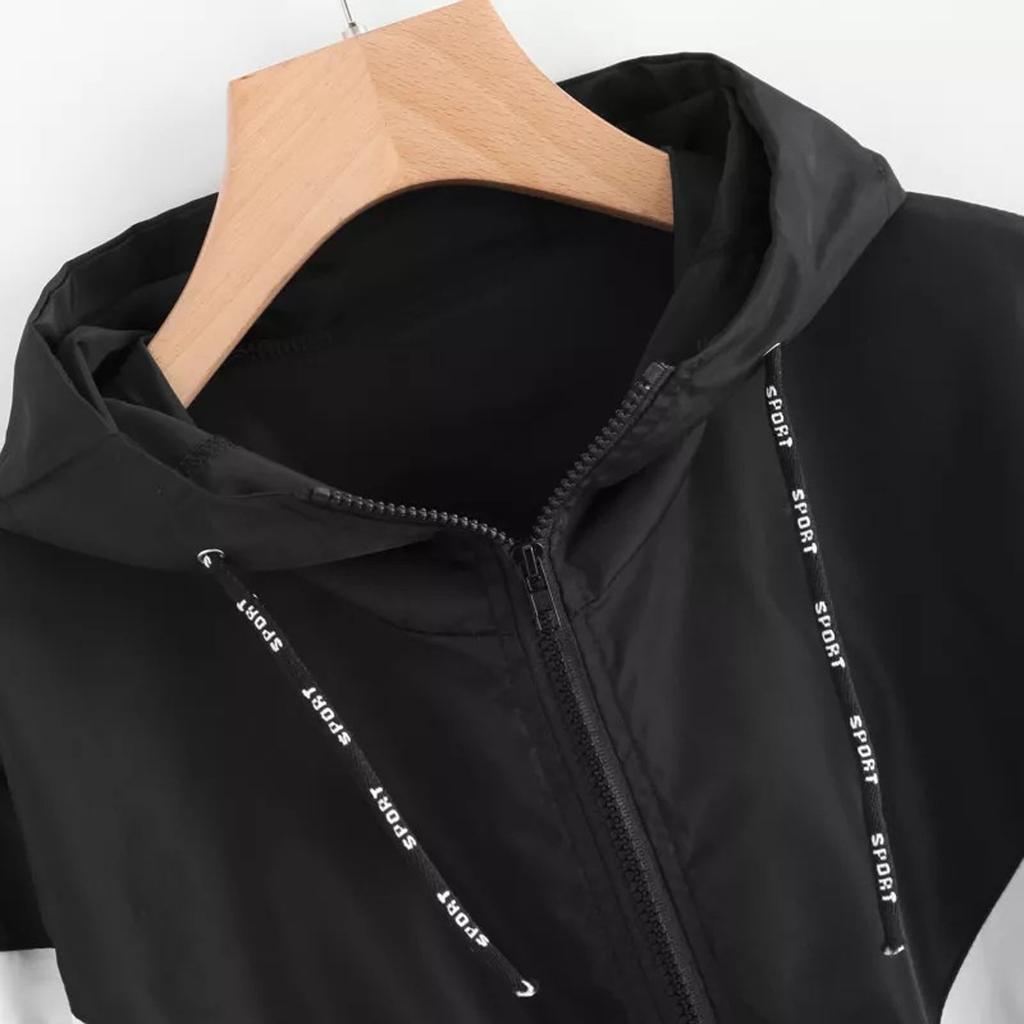 Womens Long-sleeved Hooded Zipper Stitching Contrast Color Windbreaker Coat