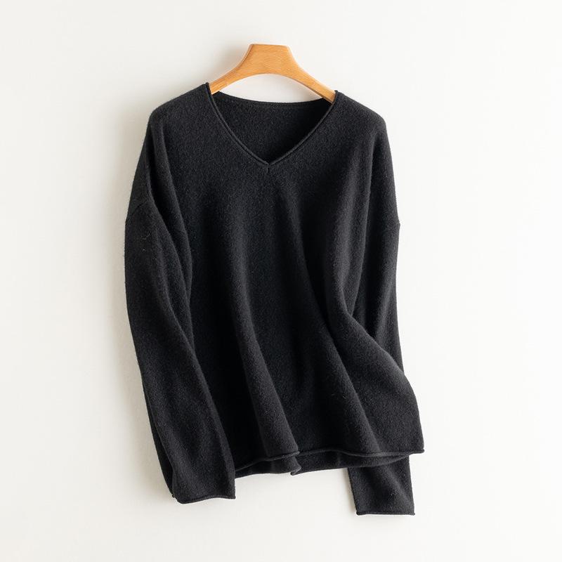 Women's V-Neck Cashmere Pullover Sweater - Loose Fit, Long Sleeve, Versatile for Autumn & Winter.
