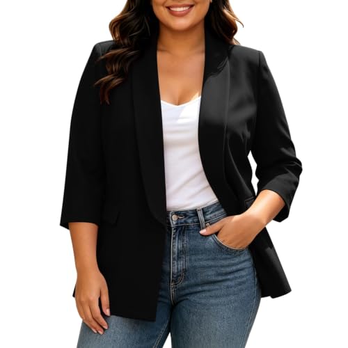 Women's Plus Size Color Casual with Lapel, Padded Shoulders, Three-Quarter Sleeves and Pockets