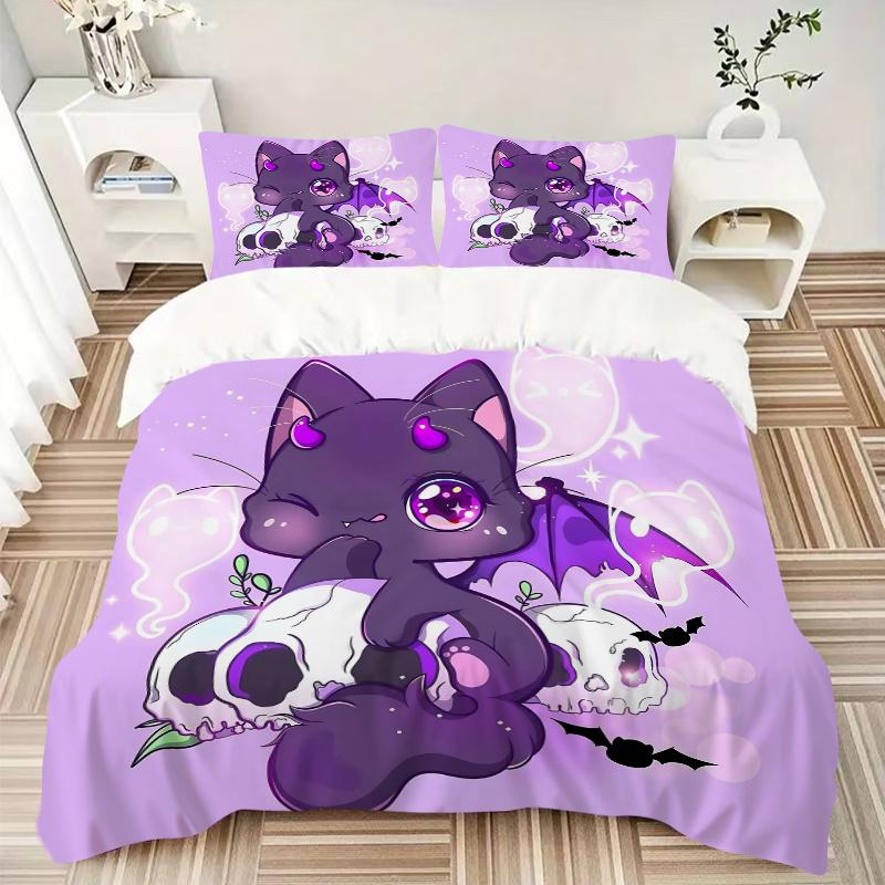 3pcs Kitten & Skeleton Bedding Set 1 Soft Quilt Cover + 2 Pillowcases,  Suitable for All Seasons N062