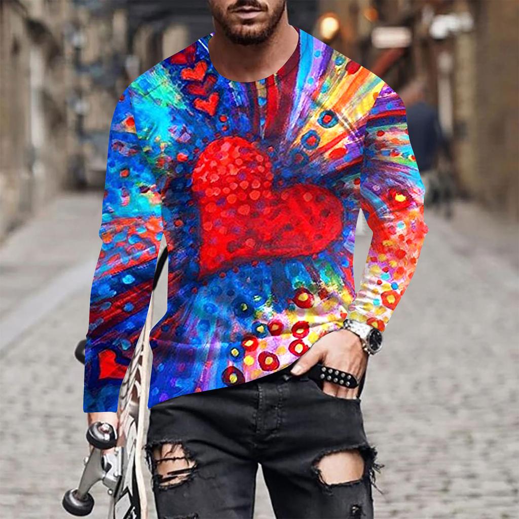Spring and Autumn Round Neck 3D Love Printed Top Valentine's Day Themed T-shirts Fashionable Casual Long Sleeved Men's T-shirts