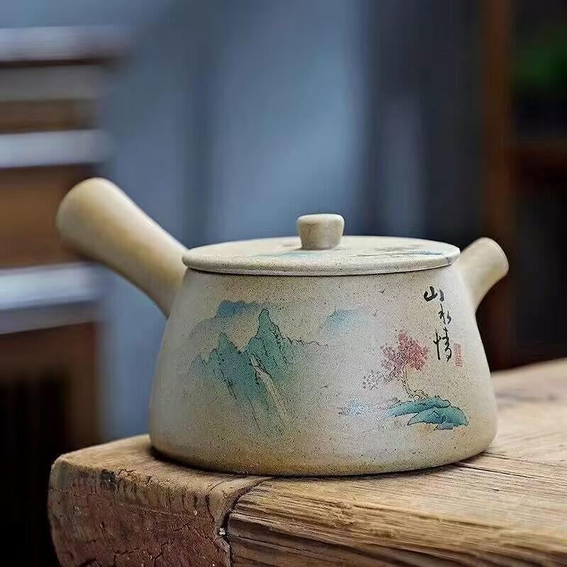 Wykwintny ceramiczny czajnik do herbaty Klasyka Chin Gruboziarnista ceramika Czajnik z uchwytem Ceramika Czajnik z drewna tekowego Czarny Zielony fioletowa glina Zestaw do herbaty z surowej rudy