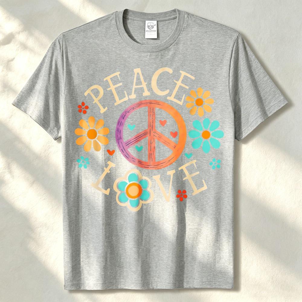Retro 60s 70s Hippie Peace Love Graphic Tshirt Cotton With Colorful Floral Design Casual Crew Neck Tee For Unisex Clothing Tops