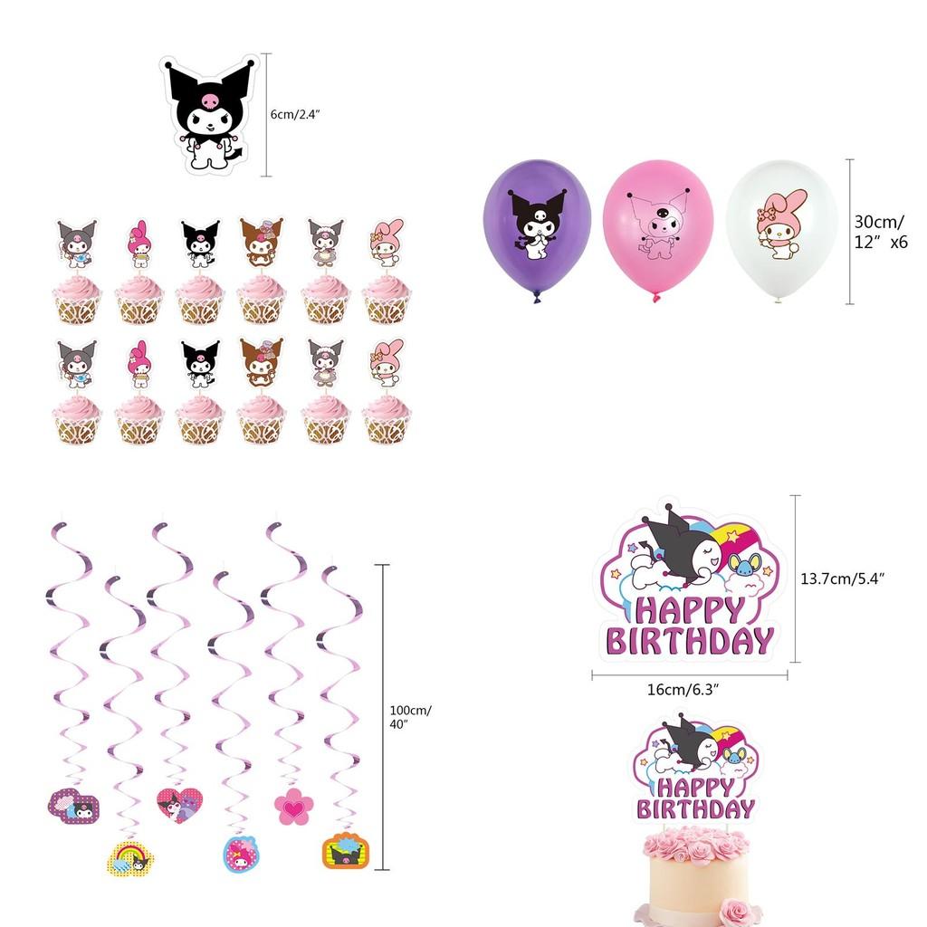 Kuromi Themed Birthday Party Decor Supplies Set With Flag Cake Spiral Balloon And Bright Colorful Toppers