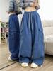 Trendy Unisex Deep Blue Wide-Leg Floor-Length Pants: Cool, Stylish, Plus-Size, Casual Spring/Summer Workwear.
