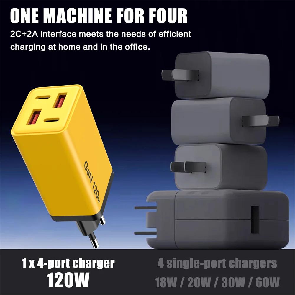 120W 4 Port GaN Charger USB C Quick Charge 3.0 Mobile Phone Charger Adapter for IPhone Samsung Xiaomi EU/US/UK Plug Wall Charger