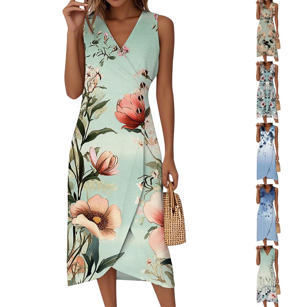 Women's Casual V-Neck Spring/Summer Sleeveless Button Retro Print Dress