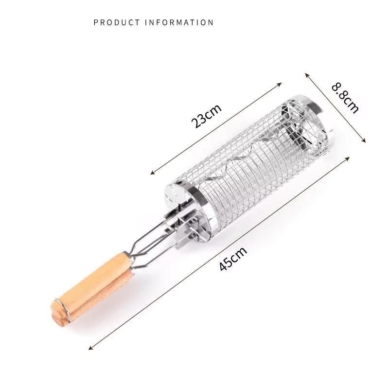 Rolling Grill Basket BBQ Mesh Tube Removable Wooden Handle Stainless Steel Round Mesh Cage Outdoor Camping Cooking Tools