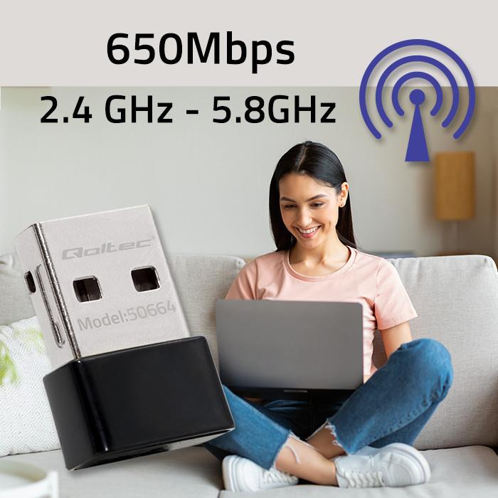 Qoltec Wi-Fi USB Adapter Ultra-fast, Wireless Mini | AC Standard | 650Mbps