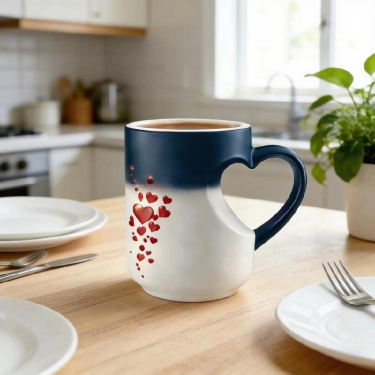 Stylish Ceramic Drinking Cup With Lovely Heart Handle And Fade Resistant Print Color Changing Coffee Mug
