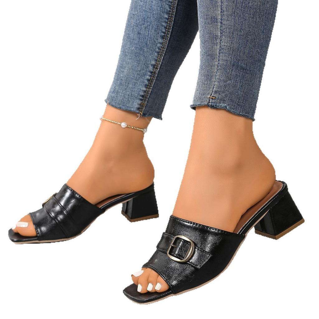 Slippers 22 beautiful summer new thick heel high heel large size cool slippers fish mouth square buckle slippers