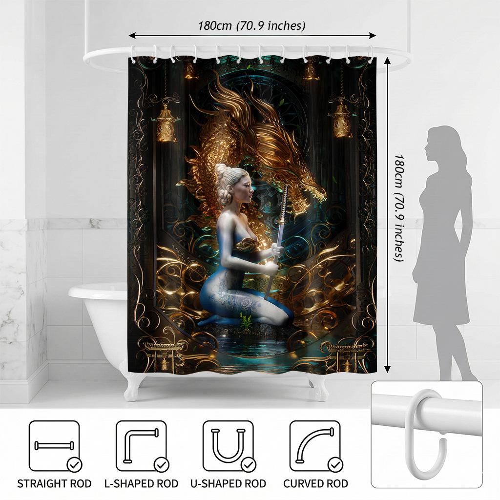 Golden Dragon Goddess Shower Curtain - Creative Fantasy Warrior Art Design - Indoor Home Bathroom Decor Aesthetic Bath Curtain